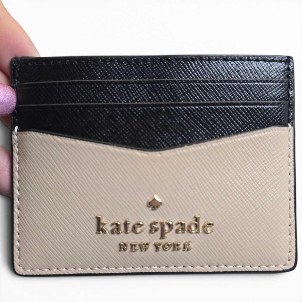 Kate Spade Staci Slim Card Holder Beige Black Colorblock Saffiano Leather - Picture 2 of 7